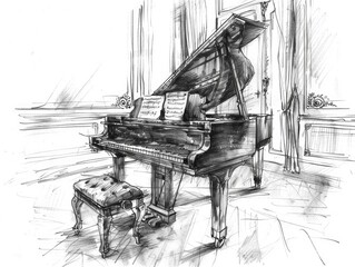 Piano Sketch. Classic Interior with Wooden Grand Piano in Retro Vintage Style