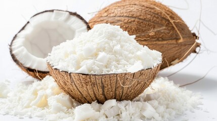 Wall Mural - Coconut Milk Powder. Fresh Coconut with Shredded Flakes on White Isolated Background