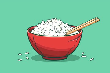 Cartoon of a red bowl of rice with chopsticks on a green background.