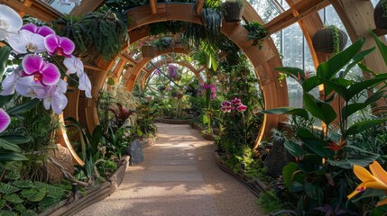 Poster - A winding pathway surrounded by vibrant orchids and tropical plants, illuminated by natural light in a serene glasshouse.