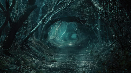 Wall Mural - Scary tunnel in dark forest at night, spooky woods with fairy tale path or road. Concept of fantasy, nature, way, horror, mystery, halloween.