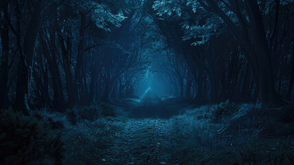 Wall Mural - Spooky road like tunnel in dark forest at night, scary woods with gloomy fairy tale path and low blue light. Concept of fantasy, nature, way, horror, mystery, background