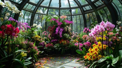 Aufkleber - A stunning collection of colorful orchids fills a glass conservatory, with sunlight streaming in and leaves providing a lush backdrop.