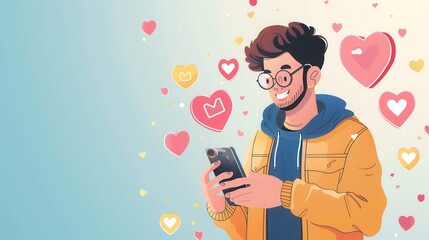 Aufkleber - A man smiles while using his smartphone, engaging with social media as colorful like icons float around him, illustrating the digital communication experience. Generative AI