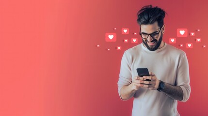 Aufkleber - A man smiles as he interacts with his smartphone, surrounded by floating likes icons, capturing the essence of digital social engagement. Generative AI