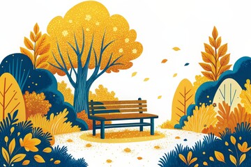 Wall Mural - A serene autumn park bench awaits a moment of reflection