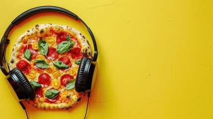 Sticker - Italian pizza and headphones composition on neon yellow background Contemporary art with copy space for ad Creative fast food concept