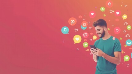 Aufkleber - A man is smiling as he interacts with his smartphone, surrounded by colorful icons representing social media engagement and likes. Generative AI