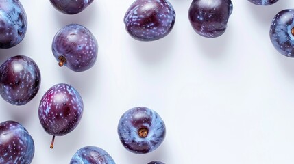 Poster - Plums on white background with space for text Top view Flat lay design