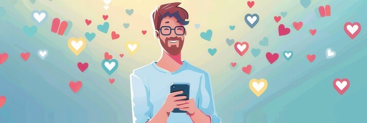 Aufkleber - A man engages with his smartphone, smiling as colorful likes icons float around him, capturing the essence of social media interaction. Generative AI