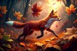 © Andrey - A golden autumn day in the forest, a fox runs through the falling leaves
