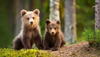 Two young brown bear cub in the forest. Portrait of brown bear, animal in the nature habitat. Wildlife scene from Europe. Cub of brown bear without mother