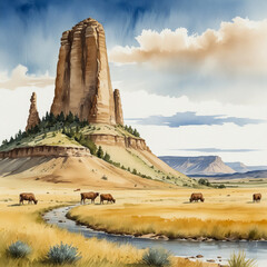 Wall Mural - Watercolor illustration of Chimney Rock National Historic Site in Nebraska. Capture the iconic geological formation of Chimney Rock with its towering spire rising above the surrounding plains.