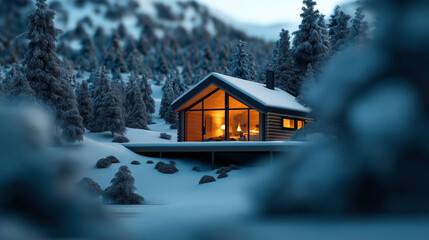 Wall Mural - Cozy cabin with large windows illuminated from within, situated in a snowy forest during winter. Snow-covered trees surround the cabin in a serene setting.