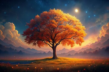 A golden tree stands tall under a starry night sky