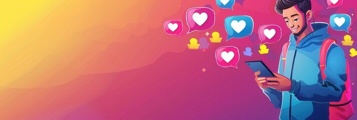 Aufkleber - A man enjoys interacting on social media with notification icons appearing above his smartphone, capturing the essence of digital communication. Generative AI