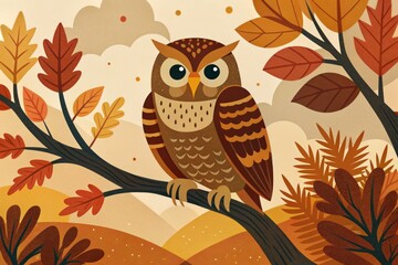 Wall Mural - An owl's autumnal perch amidst golden hues