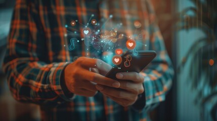 Aufkleber - A man interacts with his smartphone, surrounded by floating icons representing likes and social media engagement in a modern indoor environment. Generative AI