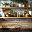 © Creative Design - Empty wooden desk with blurry background of cafe and restaurant.