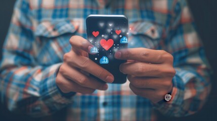 Aufkleber - A man interacts with his smartphone, surrounded by floating likes icons, reflecting the impact of social media in contemporary communication. Generative AI