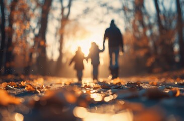 Canvas Print - Child And Parent Walking Hand In Hand Amidst Autumn Leaves At Sunset