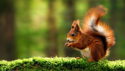 Cute red squirrel, sciurus vulgaris, eating a nut in green spring forest with copy space 