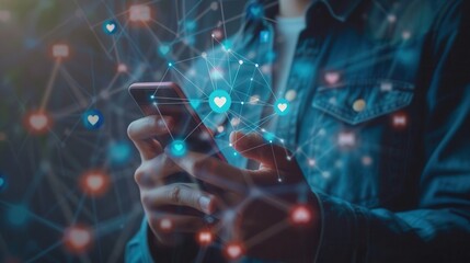 Aufkleber - A man interacts with his smartphone, surrounded by various social media icons representing likes and connections, capturing the essence of modern digital communication. Generative AI