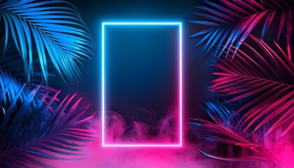 Wall Mural - neon frame tropical glowing background tropic leaves vertical template jungle summer party design pink and blue smoke