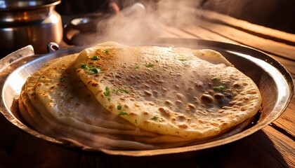 Wall Mural - a vibrant freshly cooked moli poratha steaming on a rustic wooden table with hints of natural sunlight illuminating the scene