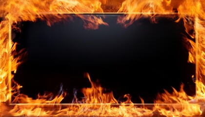 Wall Mural - background with an empty black frame burning with fire