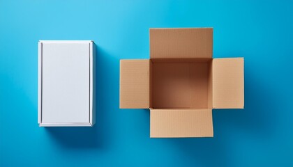 Wall Mural - overhead view of open empty cardboard box on blue background