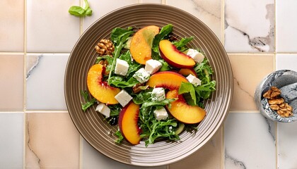 Wall Mural - summer peach and cheese salad on tile table top view