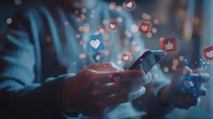 Poster - A man interacts with his smartphone, surrounded by floating social media like icons, highlighting the impact of digital communication. Generative AI