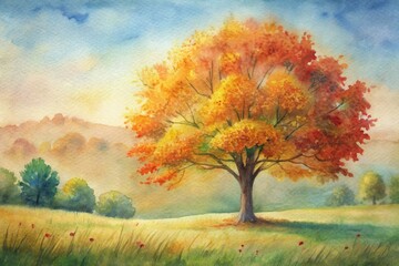 Wall Mural - A single tree against a sunset sky, with pink and orange leaves, in autumn's embrace