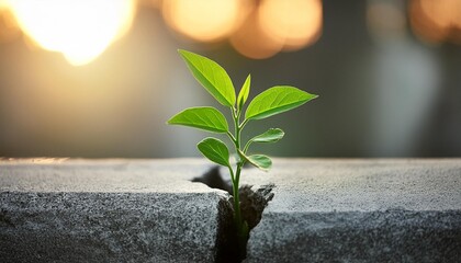 Wall Mural - green plant growing out of crack in concrete perseverance concept