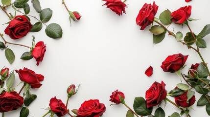 Wall Mural - red roses frame on white background flat lay view with space for text