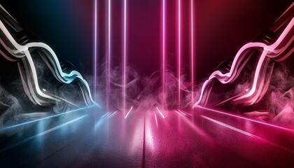 Wall Mural - abstract dark background with blue and pink neon glow neon luminous figure in the center of the stage light lines on a dark background smoke smog