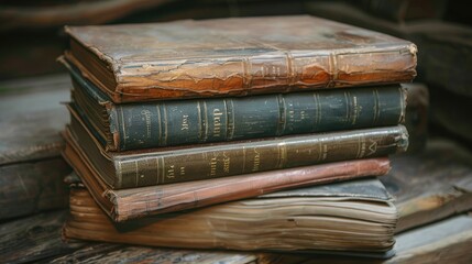 Wall Mural - Open vintage books stacked on wooden table for mockup template