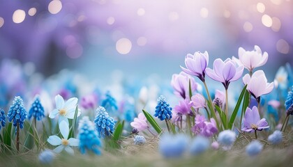 Wall Mural - blurred spring flowers in the meadow in soft blue and violet colors