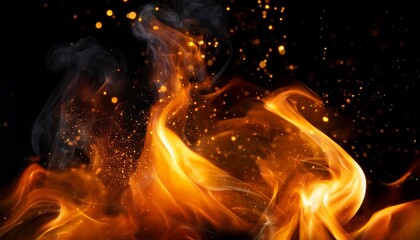 Wall Mural - abstract image of orange fire or flames with sparkles and smoke in black background