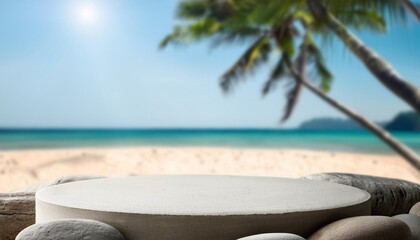 Wall Mural - summer podium made of stone with a tropical beach blurred background amazing light and atmosphere