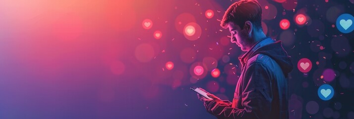 Aufkleber - A young man uses his smartphone, immersed in social media, surrounded by floating likes icons in an evening atmosphere. Generative AI
