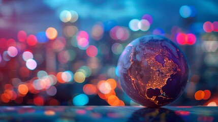 Wall Mural - Blurry city lights highlight Planet Earth in the background, representing business, politics, ecology, and media. Abstract Earth Day concept. 