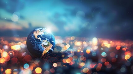 Wall Mural - Blurry city lights highlight Planet Earth in the background, representing business, politics, ecology, and media. Abstract Earth Day concept. 