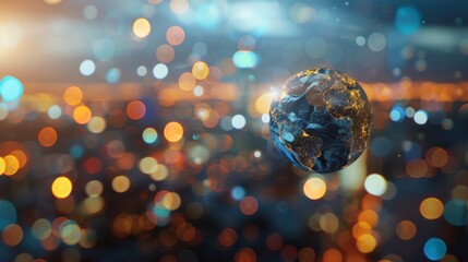 Wall Mural - Blurry city lights highlight Planet Earth in the background, representing business, politics, ecology, and media. Abstract Earth Day concept. 