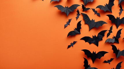 Wall Mural - Concept for Halloween decor bats and orange paper arranged flat overhead view with space for text