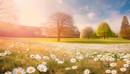 Wall Mural - beautiful blurred spring background nature with blooming glade chamomile trees and blue sky on a sunny day