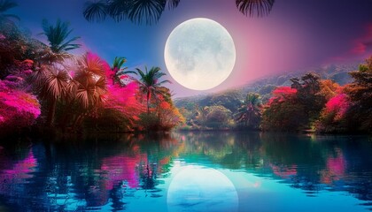 Wall Mural - colourful tropical rain forest with round moon in the sky reflecting in the river fantasy psychedelic nature background