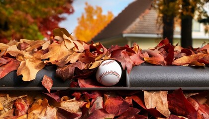 Wall Mural - rain gutter full of autumn leaves with a baseball