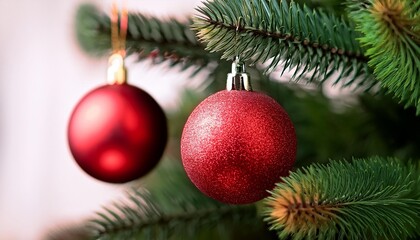 Wall Mural - two red christmas ornaments hanging on a christmas tree closeup